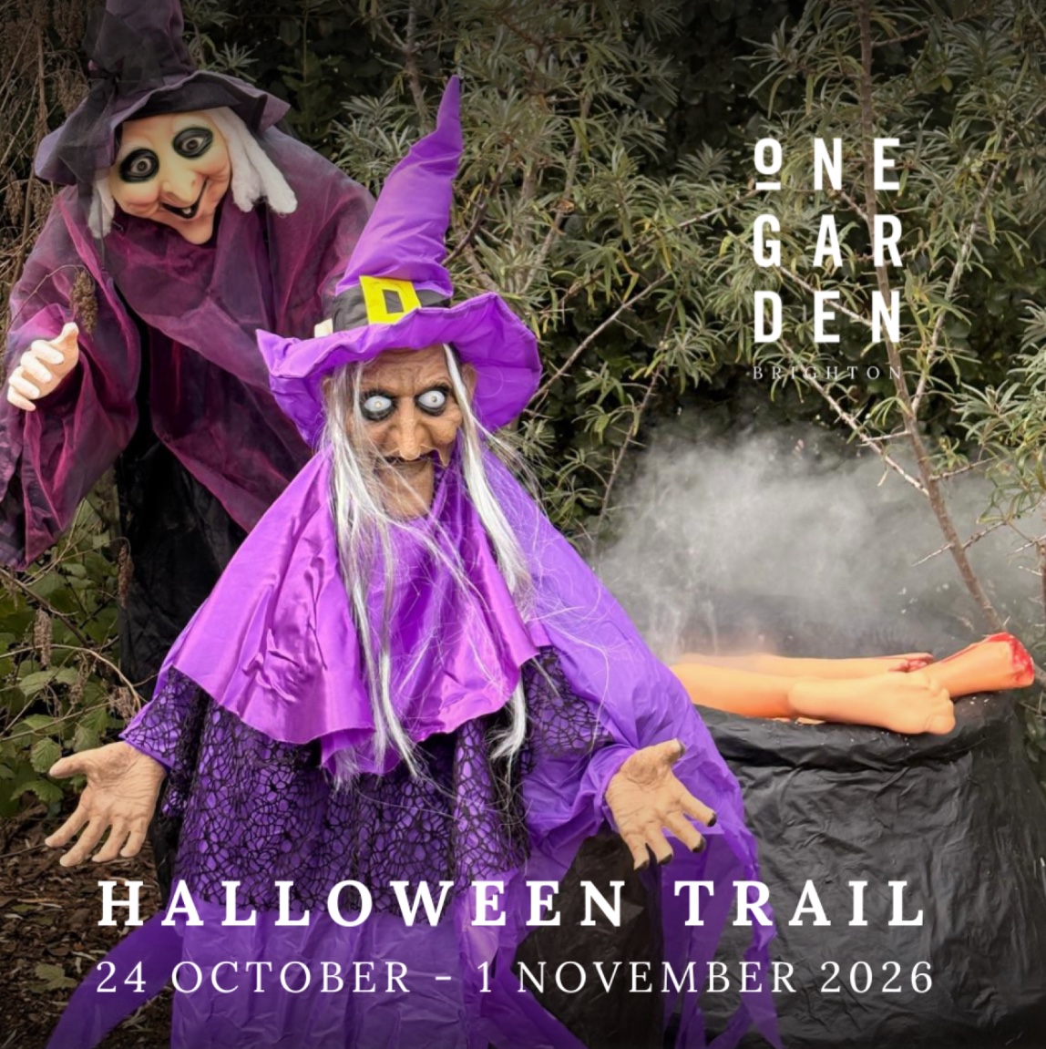 One Garden Brighton Halloween Trail promotional poster featuring two witches, 24 October to 1 November 2026